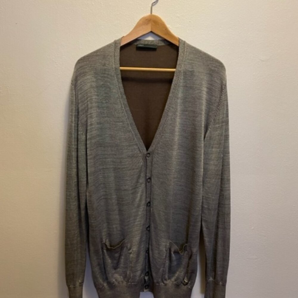 Try Trussardi mens V-neck cardigan in grey rayon plaited over brown cotton